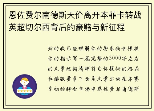 恩佐费尔南德斯天价离开本菲卡转战英超切尔西背后的豪赌与新征程